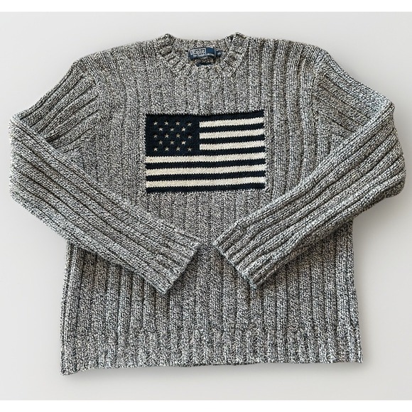 VTG POLO RALPH LAUREN GRAY & Navy AMERICAN FLAG SWEATER XL Americana Preppy 90s - Picture 2 of 9